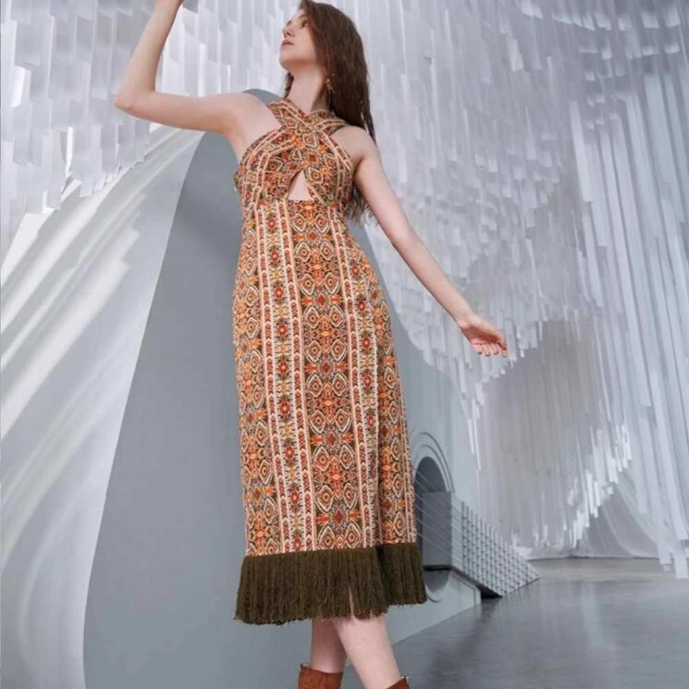 ❤New! Boho Style Fringe Hem Halter Dress